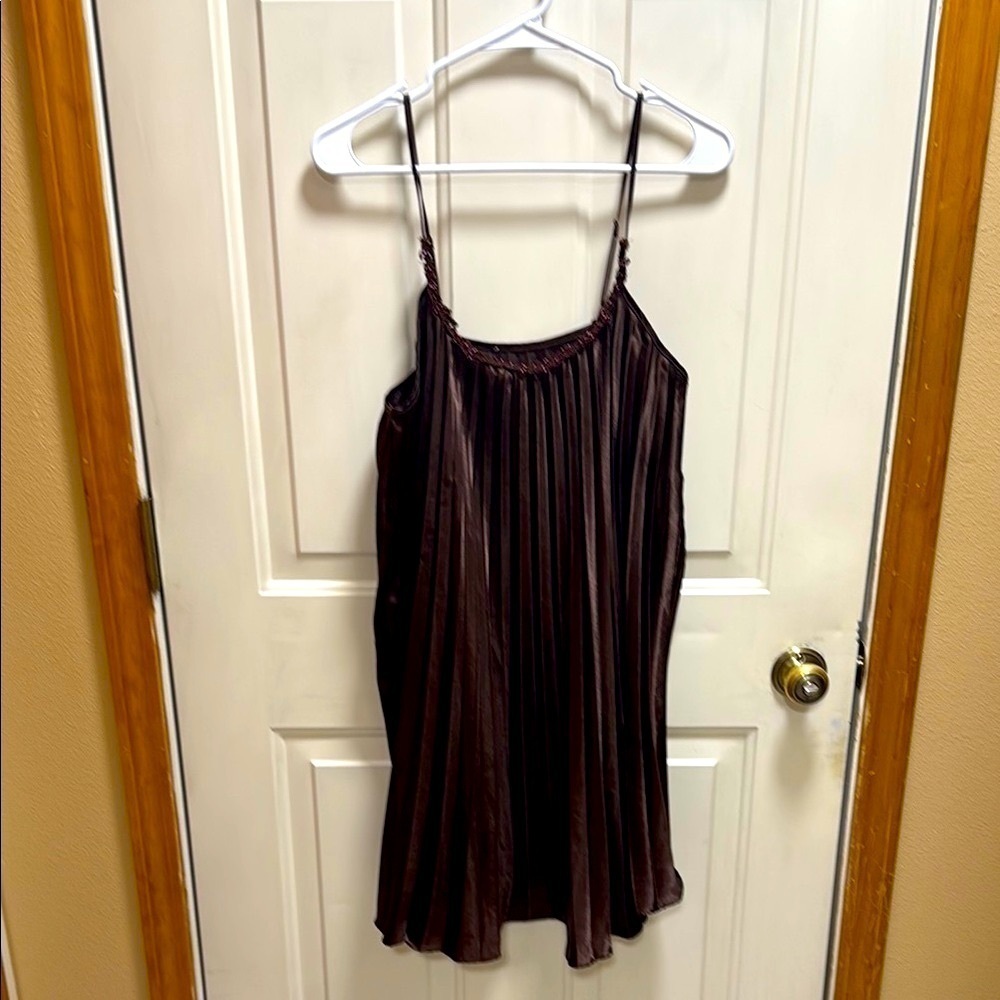 Vintage Brown Pleated Spaghetti Strap Mini  Dress /Tunic loose fit